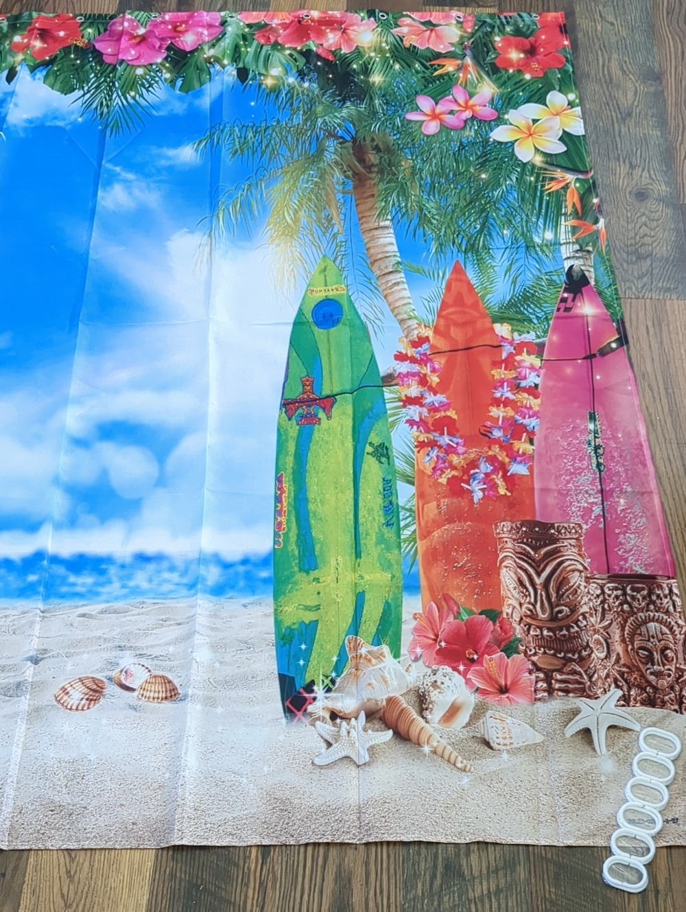 Tropical Beach Surfboard Hawaiian Luau Shower Curtain Party Photo Backdrop, NEW